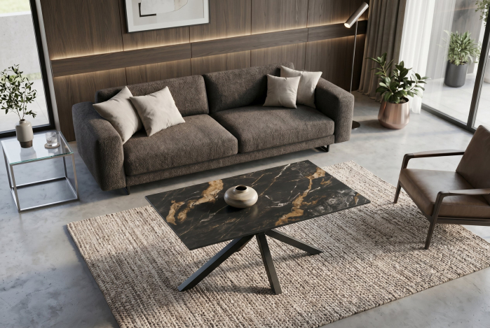 Măsuță de cafea GALAXIE 100 cm cu cadru în formă de stea, ceramică neagră cu nisip auriu [3]