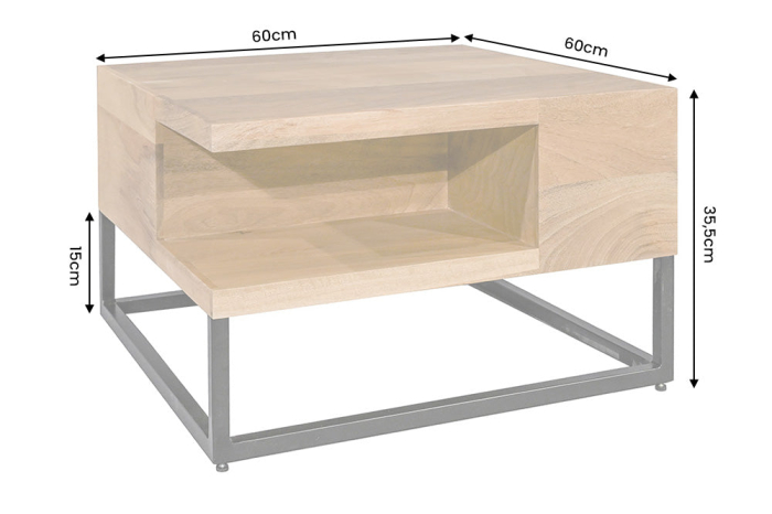 Măsuță de cafea GIANT 60 cm cu compartiment de depozitare deschis, din lemn de mango natural și cadru metalic de culoare crem, negru [9]