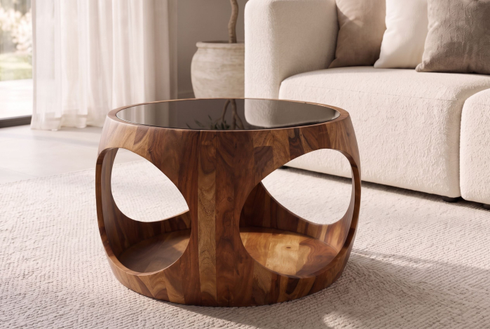 Măsuță de cafea ORGANIC LOOP, rotundă, 60 cm, blat din sticlă neagră, cu compartiment de depozitare deschis, din lemn de sheesham maro [4]