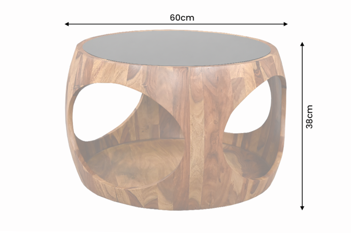 Măsuță de cafea ORGANIC LOOP, rotundă, 60 cm, blat din sticlă neagră, cu compartiment de depozitare deschis, din lemn de sheesham maro [7]