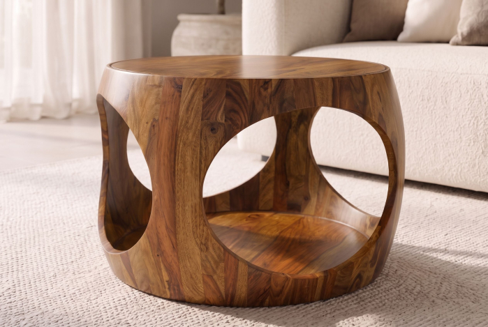 Măsuță de cafea ORGANIC LOOP rotundă, 60 cm, cu compartiment de depozitare deschis, din lemn de sheesham maro [4]