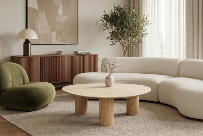 Măsuță de cafea ORGANIKO 110 cm, aspect ceramic natural, cu cadru aspect lemn de stejar [2]