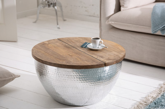 Masuta de cafea Orient Storage cu spatiu de depozitare din metal argintiu si blat din lemn de salcam [2]