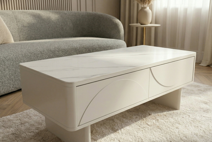 Măsuță de cafea SAVOY 120 cm 3D albă cu blat din ceramică imitație de marmură albă [5]