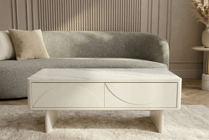 Măsuță de cafea SAVOY 120 cm 3D albă cu blat din ceramică imitație de marmură albă [3]