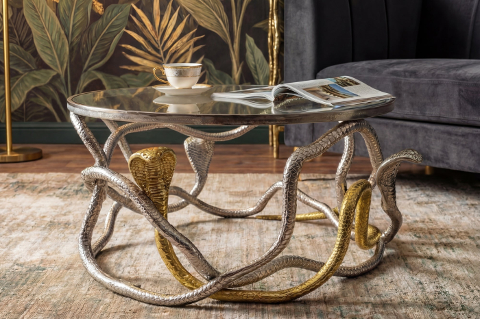 Măsuță de cafea SNAKE 70 cm argintiu-auriu cu blat de sticlă [3]