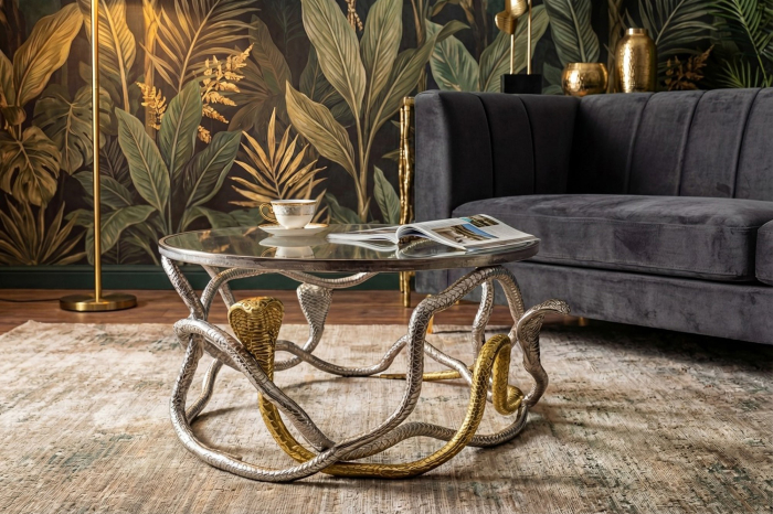 Măsuță de cafea SNAKE 70 cm argintiu-auriu cu blat de sticlă [4]