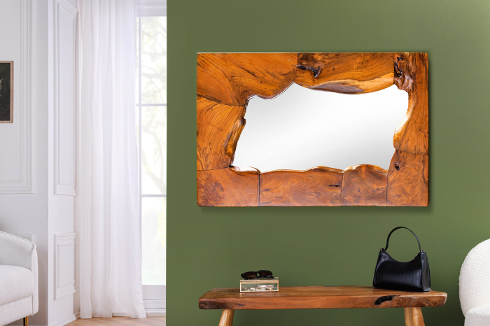 Oglindă de perete MOSAIC 90 cm din lemn de tec maro natural, realizată manual [4]