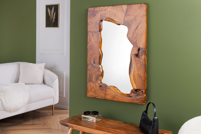 Oglindă de perete MOSAIC 90 cm din lemn de tec maro natural, realizată manual [6]
