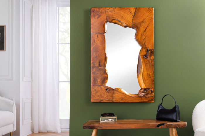 Oglindă de perete MOSAIC 90 cm din lemn de tec maro natural, realizată manual [7]