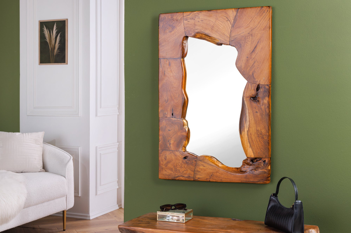 Oglindă de perete MOSAIC 90 cm din lemn de tec maro natural, realizată manual [3]