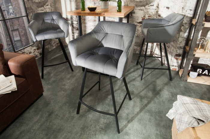 Scaun bar Loft gri deschis din catifea și cadru metalic, 100 cm [6]