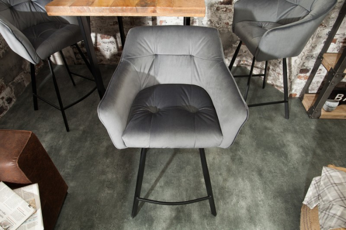 Scaun bar Loft gri deschis din catifea și cadru metalic, 100 cm [5]