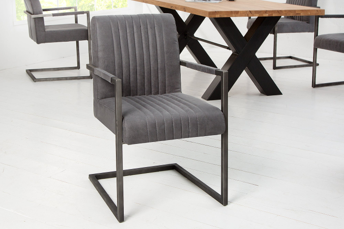 Scaun cantilever BIG ASTON cu cotiere și picioare din fier periat, microfibră gri vintage [5]