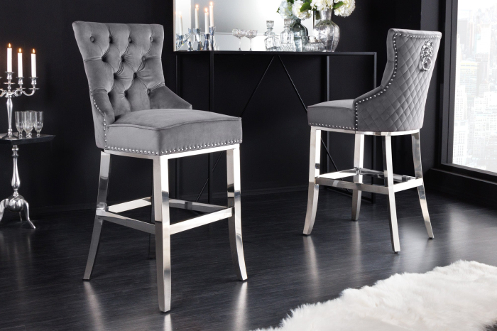 Scaun de bar CASTLE DELUXE din catifea gri cu accesoriu in forma de cap de leu [2]