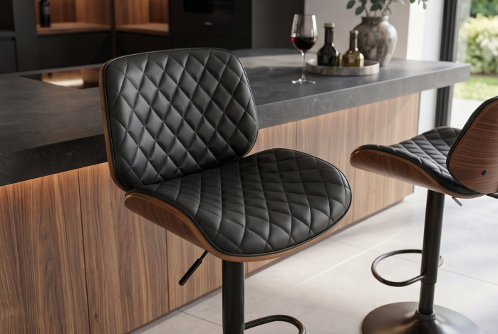 Scaun de bar CHICAGO rotativ la 360°, înălțime reglabilă între 89 și 111 cm, din piele artificială, furnir de plop negru [5]