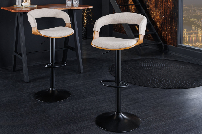 Scaun de bar rotativ MANHATTAN din material texturat bej si lemn de frasin, 64-85 cm [5]