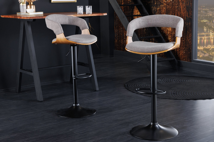 Scaun de bar rotativ MANHATTAN din material texturat gri si lemn de frasin, 64-85 cm [2]