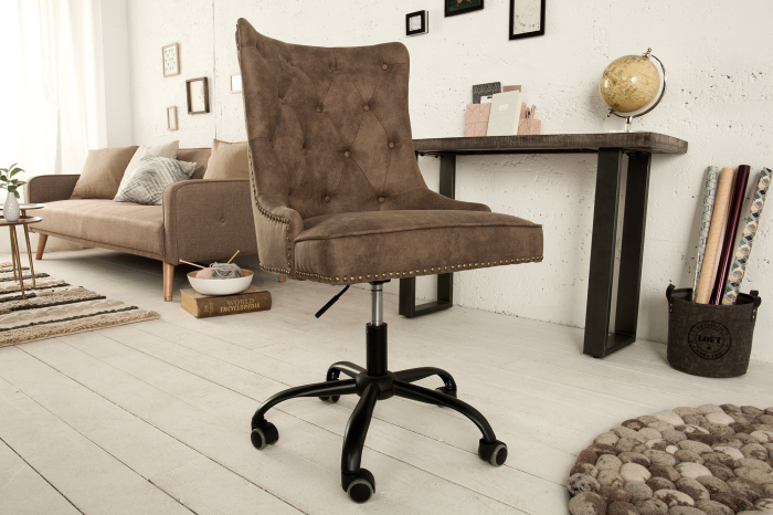 Scaun de birou VICTORIAN 49-57 cm din microfibră maro, în stil Chesterfield [3]
