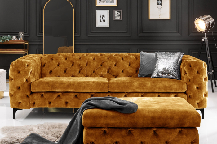 Scaun MODERN BAROCK 90 cm din catifea galben muștar, în stil Chesterfield [5]