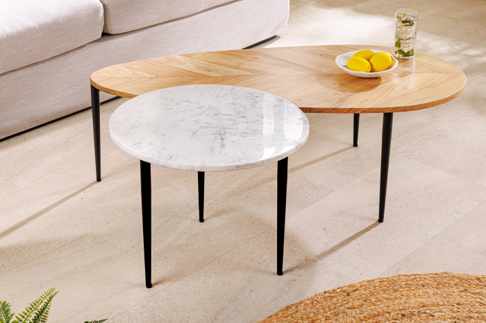 Set 2 masute de cafea ADLON din lemn natural de salcam si marmura [2]