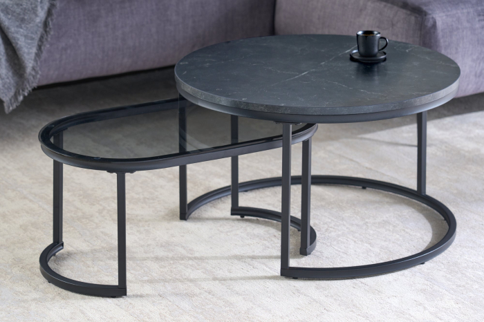 Set 2 masute de cafea ELEGANCE cu aspect de marmura si geam fumuriu, 70 cm [4]