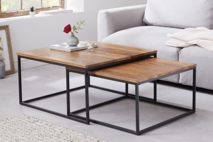 Set 2 măsuțe de cafea Elements cu blat din MDF și cadru metalic, maro [2]