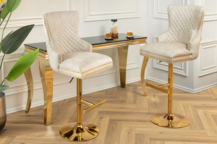 Set 2 scaune CASTLE cu inaltime ajustabila din catifea bej si cu accesoriu in forma de caap de leu [2]