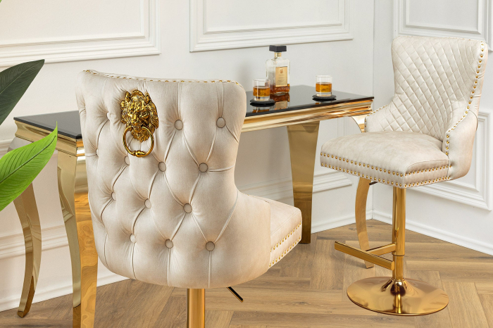 Set 2 scaune CASTLE cu inaltime ajustabila din catifea bej si cu accesoriu in forma de caap de leu [5]