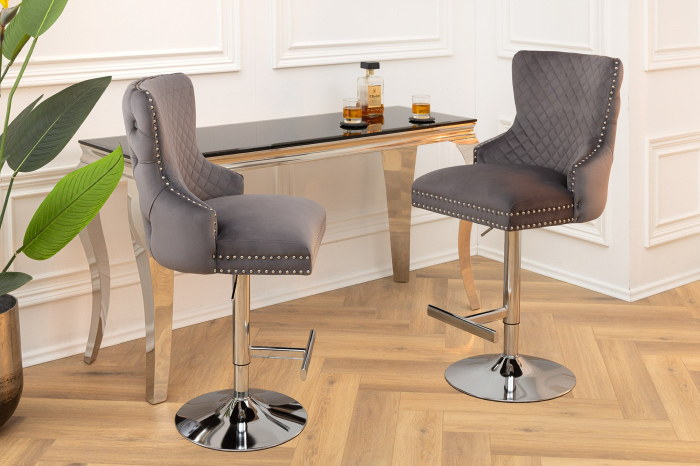 Set 2 scaune CASTLE cu inaltime ajustabila din catifea gri si cu accesoriu in forma de caap de leu [2]