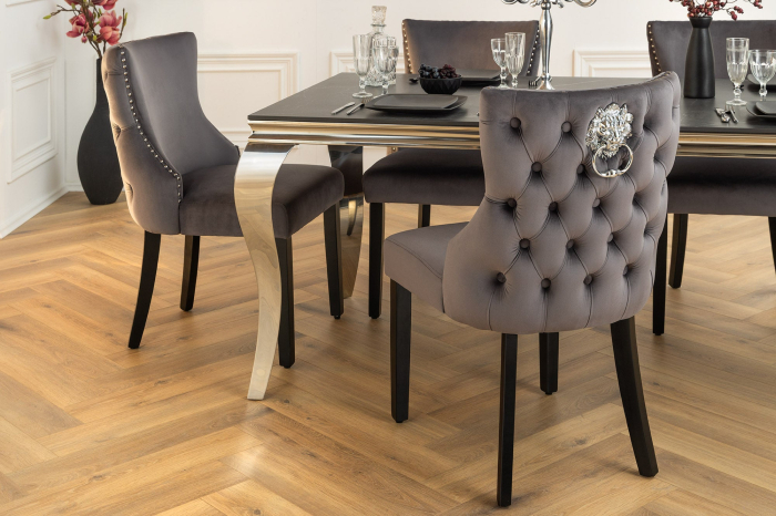 Set 2 scaune CASTLE DELUXE din catifea gri cu detaliu in forma de cap de leu [4]