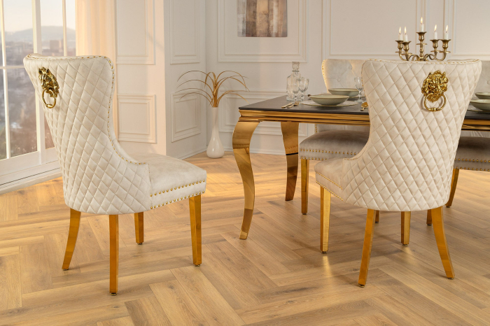 Set 2 scaune CASTLE din catifea bej si accesoriu in forma de cap de leu [5]