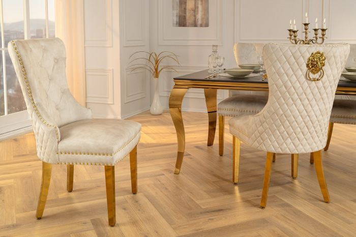 Set 2 scaune CASTLE din catifea bej si accesoriu in forma de cap de leu [4]