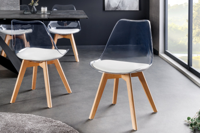 Set 2 scaune SCANDINAVIA MEISTERSTÜCK transparente cu sezut din piele alba si picioare din lemn de fag [2]