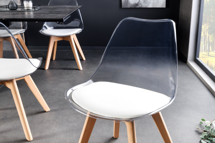 Set 2 scaune SCANDINAVIA MEISTERSTÜCK transparente cu sezut din piele alba si picioare din lemn de fag [3]