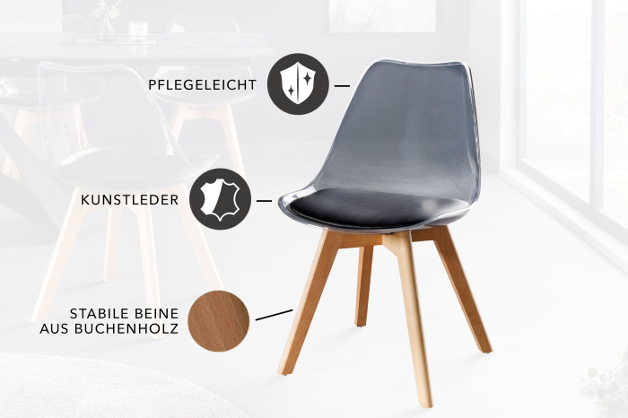 Set 2 scaune SCANDINAVIA MEISTERSTÜCK transparente cu sezut din piele neagra si picioare din lemn de fag [11]