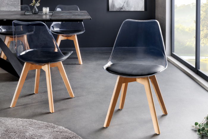 Set 2 scaune SCANDINAVIA MEISTERSTÜCK transparente cu sezut din piele neagra si picioare din lemn de fag [4]