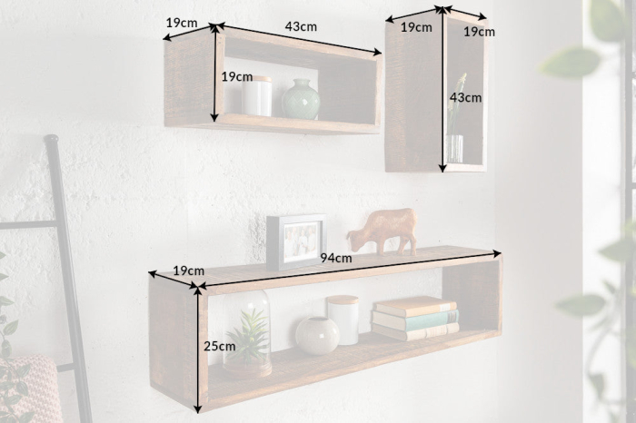 Set 3 rafturi pentru perete HEMINGWAY din lemn de mango maro, 43-94 cm [8]