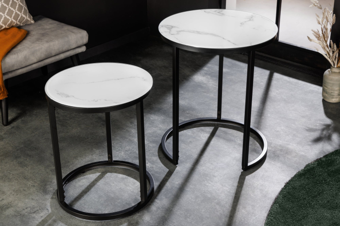 Set de 2 măsuțe laterale ELEGANCE Ø 50-60cm rotunde, aspect marmură alba , cadru negru [3]