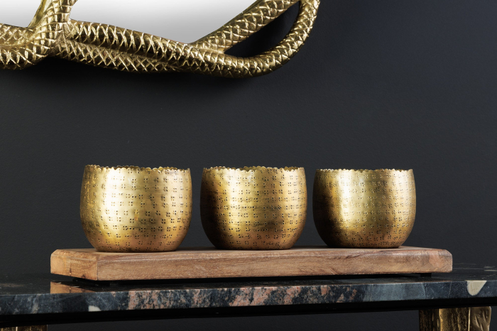 Set de 3 boluri ORIENT cu efect de ciocănitură, cu bază din lemn natural de mango auriu [6]