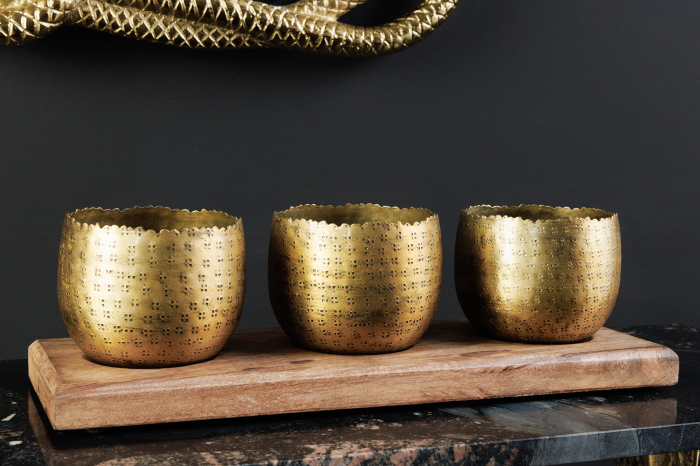 Set de 3 boluri ORIENT cu efect de ciocănitură, cu bază din lemn natural de mango auriu [3]