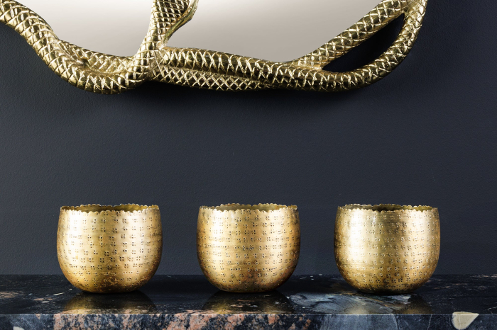 Set de 3 boluri ORIENT cu efect de ciocănitură, cu bază din lemn natural de mango auriu [8]