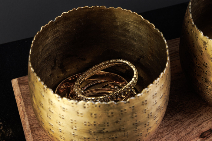 Set de 3 boluri ORIENT cu efect de ciocănitură, cu bază din lemn natural de mango auriu [10]