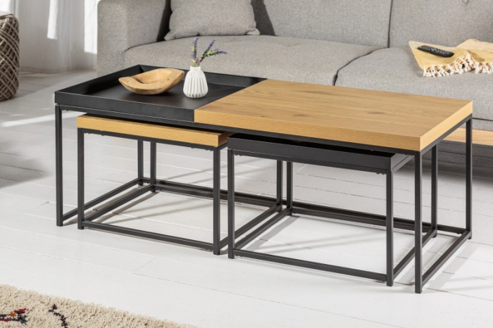Set de 3 masute de cafea industriala LOFT cu tava detasabila, aspect stejar [3]
