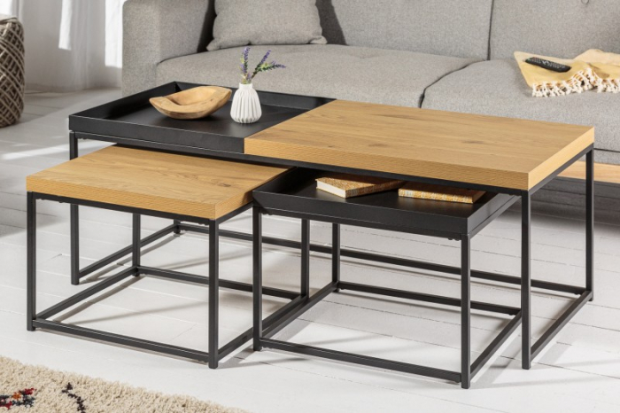 Set de 3 masute de cafea industriala LOFT cu tava detasabila, aspect stejar [2]