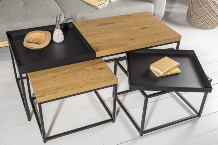 Set de 3 masute de cafea industriala LOFT cu tava detasabila, aspect stejar [4]