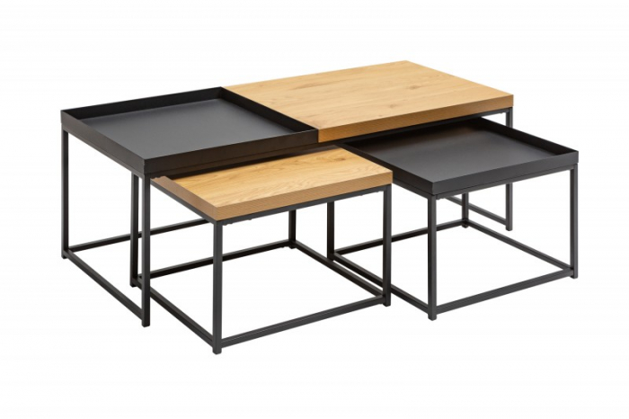 Set de 3 masute de cafea industriala LOFT cu tava detasabila, aspect stejar [7]