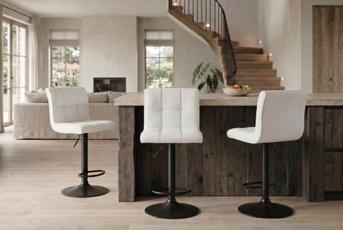 Set două scaune de bar MODENA, înălțime reglabilă între 92 și 116 cm, rotativ la 360°, din piele artificială albă cu cadru negru [2]