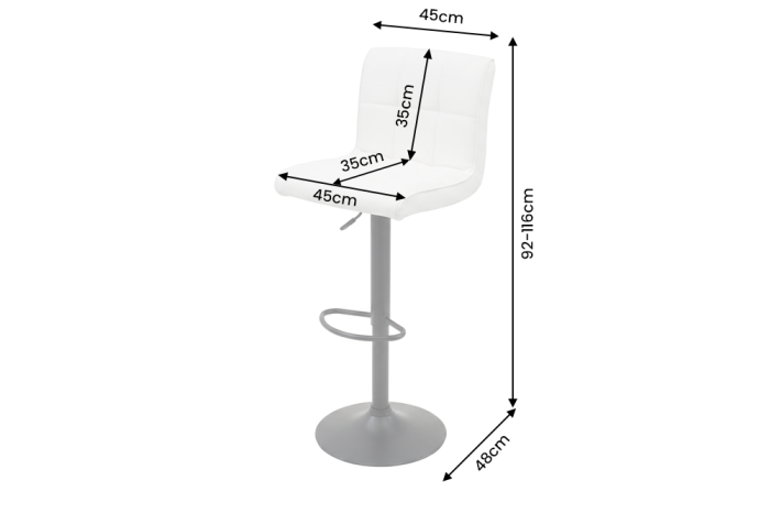 Set două scaune de bar MODENA, înălțime reglabilă între 92 și 116 cm, rotativ la 360°, din piele artificială albă cu cadru negru [8]