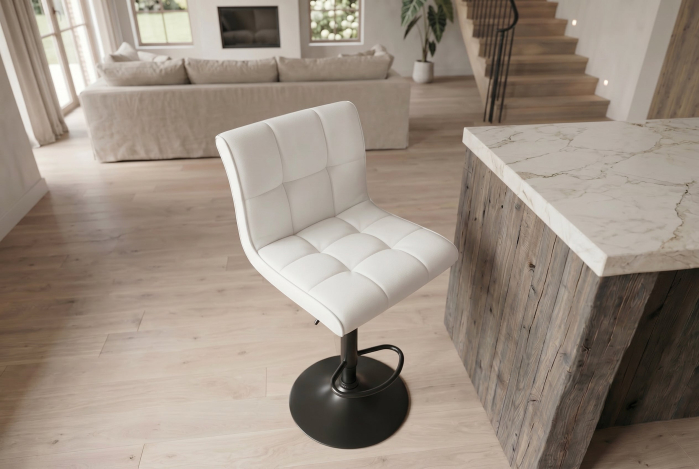 Set două scaune de bar MODENA, înălțime reglabilă între 92 și 116 cm, rotativ la 360°, din piele artificială albă cu cadru negru [4]